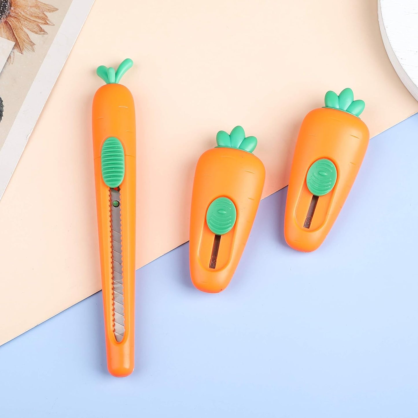 Mini Carrot-Style Utility Knife (3-Pack), Box Cutters Retractable, Mini Portable Carrot Style Box Cutter Blades, Auto Retracts to Lock Slides Open Blade, for Cartons, Cardboard, Boxes Cutting, and DIY Crafts