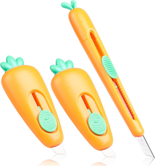 Mini Carrot-Style Utility Knife (3-Pack), Box Cutters Retractable, Mini Portable Carrot Style Box Cutter Blades, Auto Retracts to Lock Slides Open Blade, for Cartons, Cardboard, Boxes Cutting, and DIY Crafts